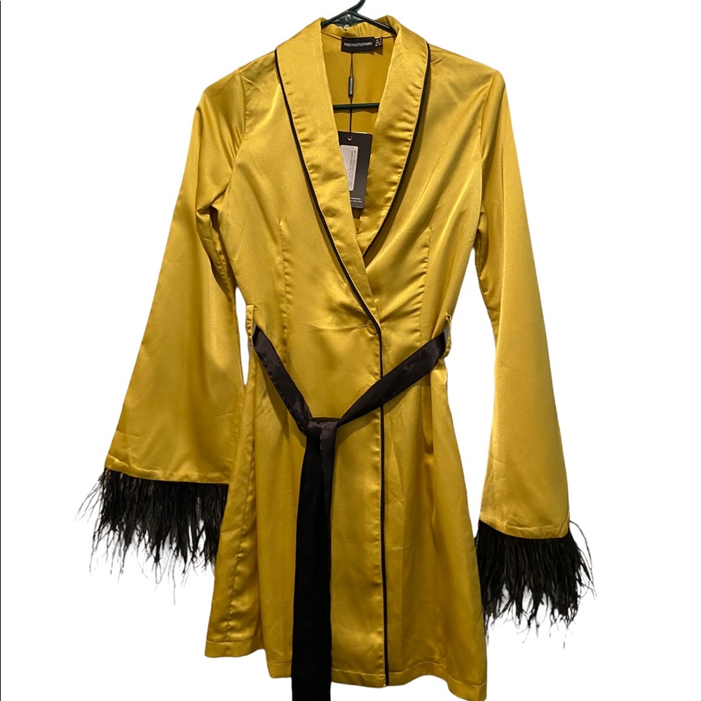 Yellow Satin Feather trimmed dress. Pajama style. New Tags. Sz 2. - Picture 1 of 9
